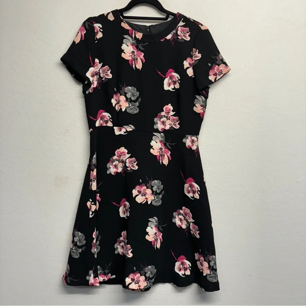 Talbots 10 Petite Floral Midi Dress Black‎ Pink Cap Sleeve FLAW